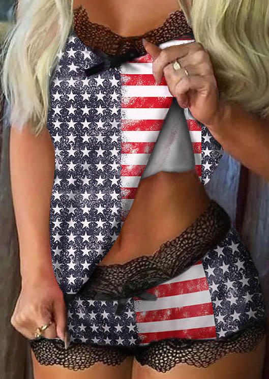 Sleepwear American Flag Lace Splicing Camisole And Shorts Pajamas Set in Multicolor. Size: S,M,L,XL
