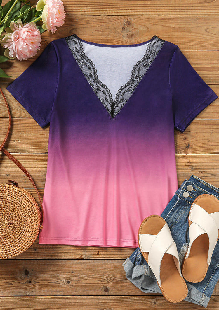 

Blouses Lace Splicing Gradient Short Sleeve Blouse in Multicolor. Size