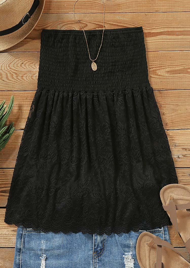 Lace Splicing Smocked Strapless Bandeau Tank - Black