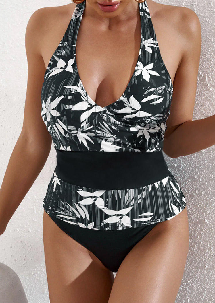 

Tankinis Color Block Floral Halter Tie Tankini Set in Black. Size: ,M,L,XL