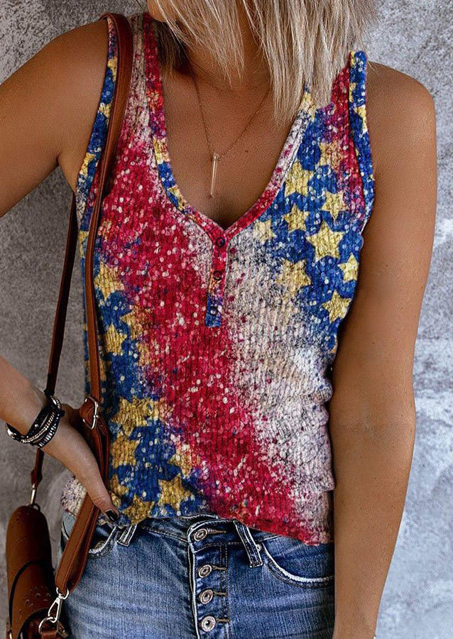 Tank Tops American Flag Glitter Snap Button Tank Top in Multicolor. Size: M,XL
