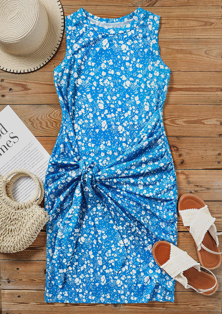 

Mini Dresses Floral Ruched Tie Sleeveless Mini Dress in Light Blue. Size