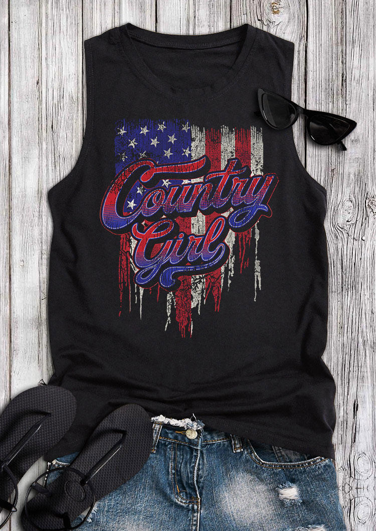 Tank Tops Country Girl American Flag O-Neck Tank Top in Black. Size: M,S