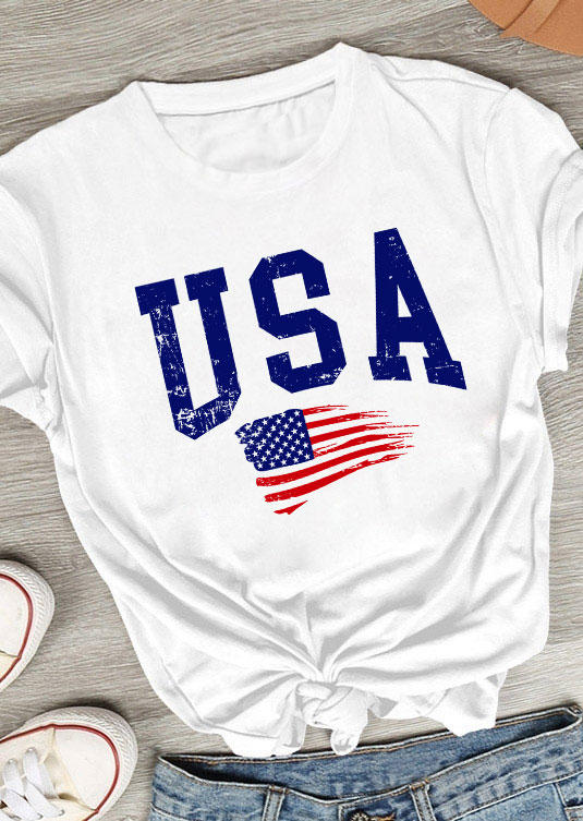 

T-shirts Tees American Flag USA O-Neck T-Shirt Tee - White in White. Size