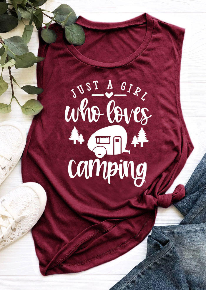 Tank Tops Just A Girl Who Loves Camping Tank Top - Burgundy in Red. Size: S