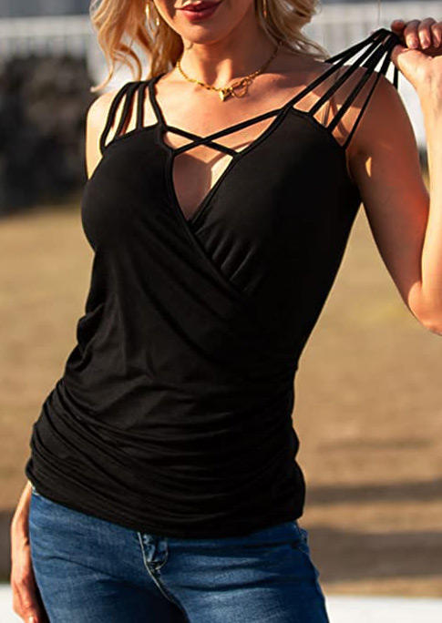 Tank Tops Criss-Cross Hollow Out Tank Top in Black. Size: S,M,L,XL