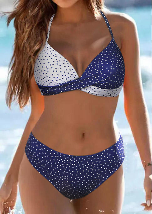 

Bikini Sets Polka Dot Color Block Criss-Cross Bikini Set in Navy Blue. Size