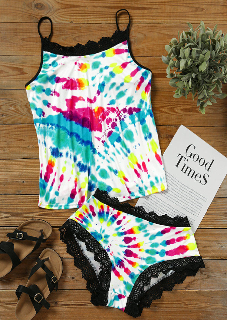 Sleepwear Tie Dye Swirl Lace Splicing Camisole And Shorts Pajamas Set in Multicolor. Size: L,M,S,XL