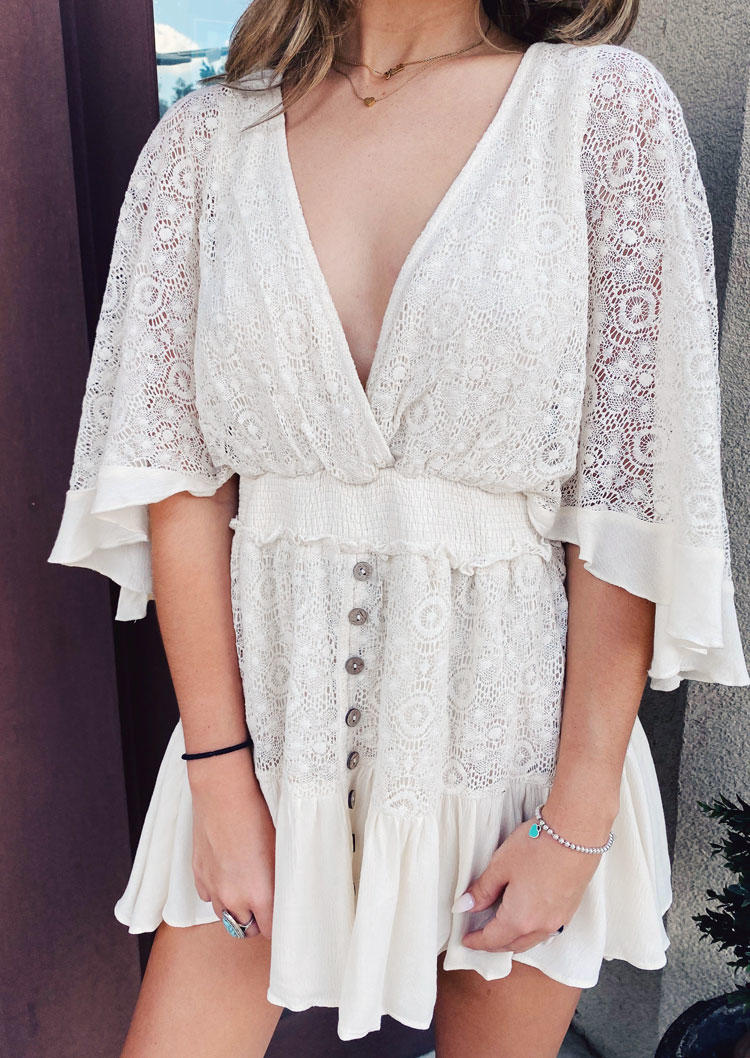 Lace Splicing Ruffled Button Mini Dress - White