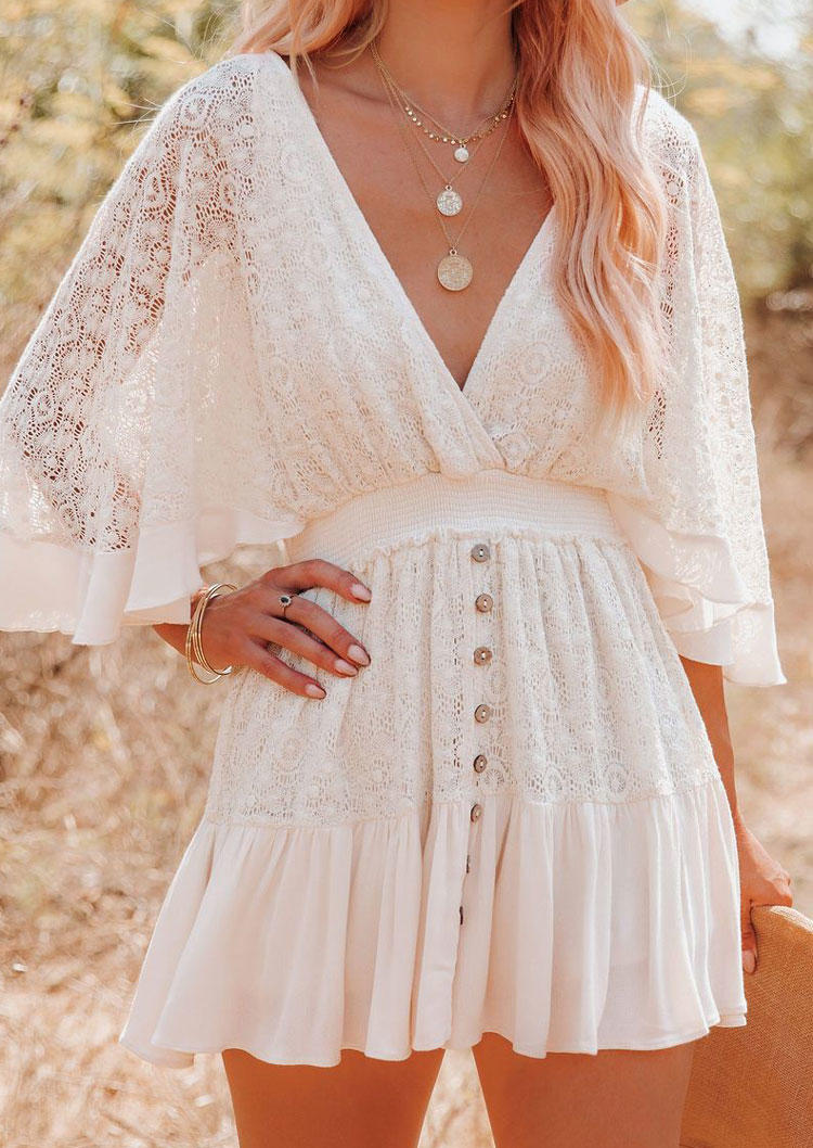 

Mini Dresses Lace Splicing Ruffled Button Mini Dress in White. Size