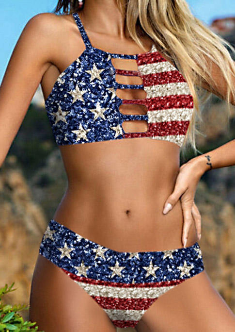 Bikini Sets American Flag Glitter Hollow Out Bikini Set in Multicolor. Size: S