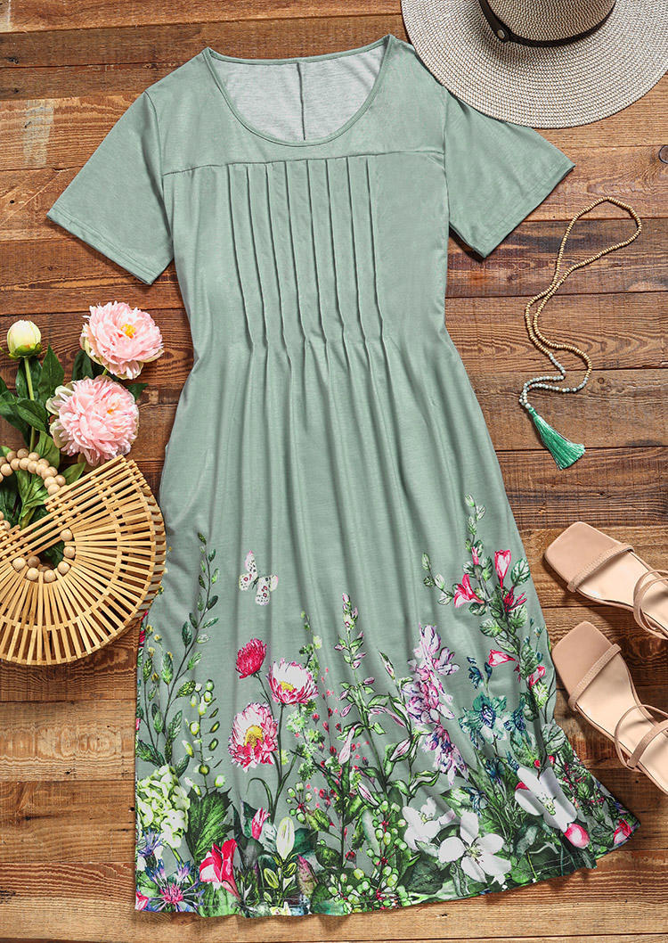 Floral Ruffled Pocket O-Neck Midi Dress - Green