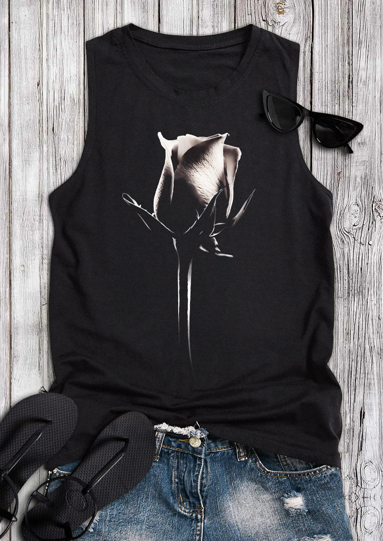 

Tank Tops Rose O-Neck Casual Tank Top in Black. Size