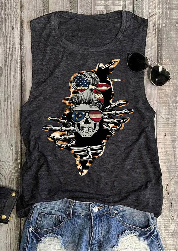 

Tank Tops American Flag Leopard Skeleton O-Neck Tank Top in Dark Grey. Size