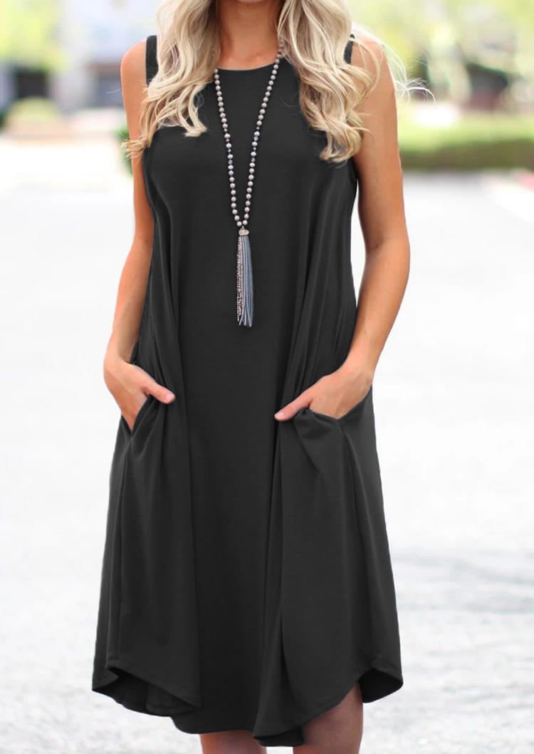 Pocket Sleeveless O-Neck Mini Dress - Black