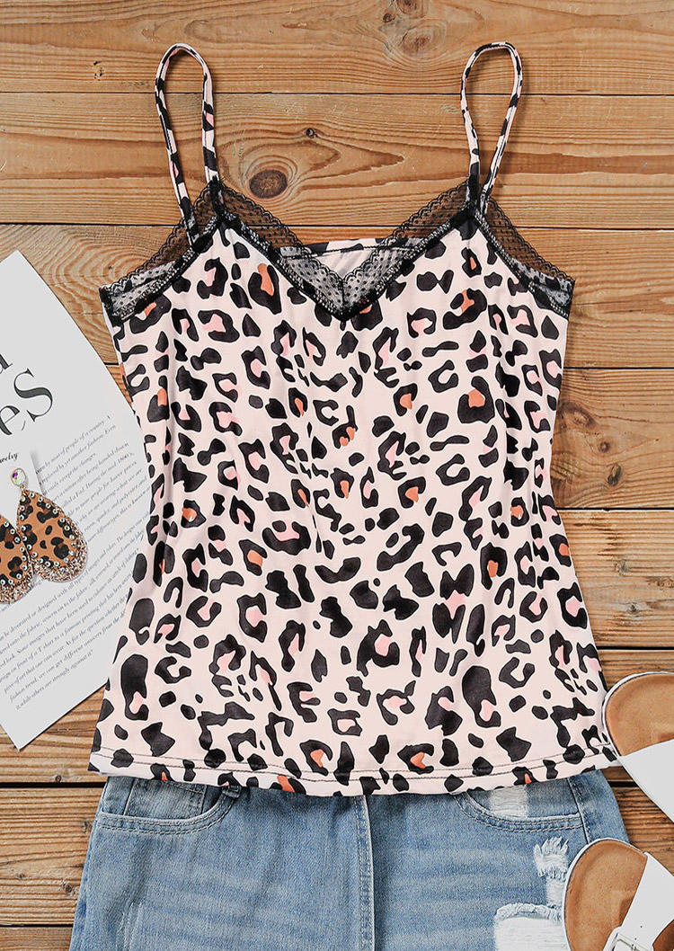 

Tank Tops Leopard Splicing Dotted Swiss Mesh Camisole in Leopard. Size: ,M,L,XL