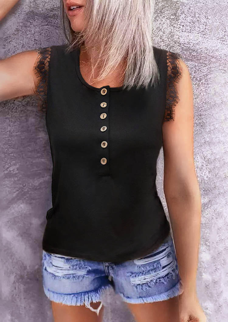 

Tank Tops Lace Splicing Button Tank Top in Black. Size