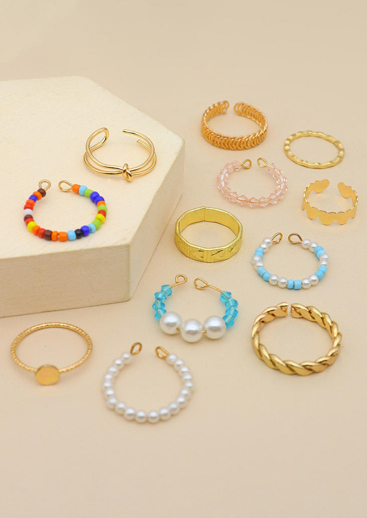 

Rings 12Pcs Pearl Beading Heart Ring Set in Gold. Size