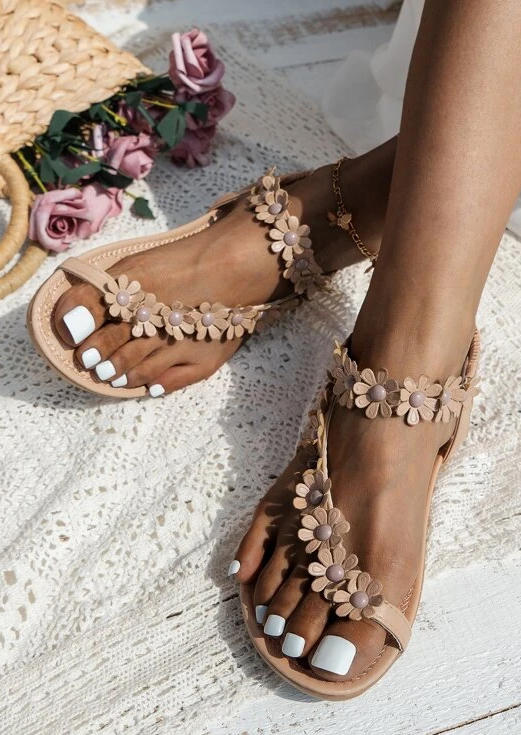 Sandals Floral Flip Flops Flat Sandals without Anklet in Light Brown. Size: 37,38,39,40,41
