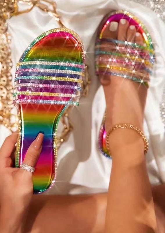 Slippers Colorful Rhinestone Slip On Flat Slippers without Anklet in Multicolor. Size: 39,40