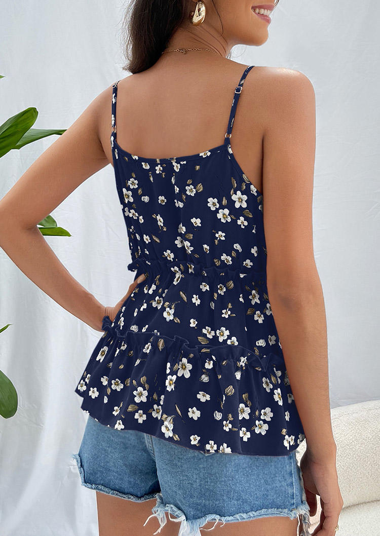 Tank Tops Floral Ruffled Spaghetti Strap Camisole - Navy Blue in Blue. Size: L,S