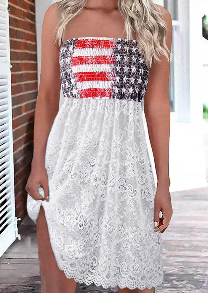 Mini Dresses American Flag Lace Splicing Smocked Strapless Bandeau Mini Dress in Multicolor. Size: L,M,S,XL