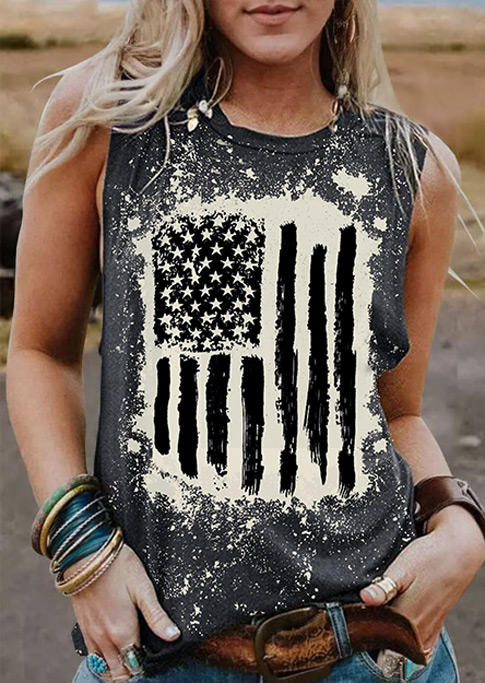 Tank Tops American Flag Bleached Casual Tank Top in Gray. Size: S,M,L,XL