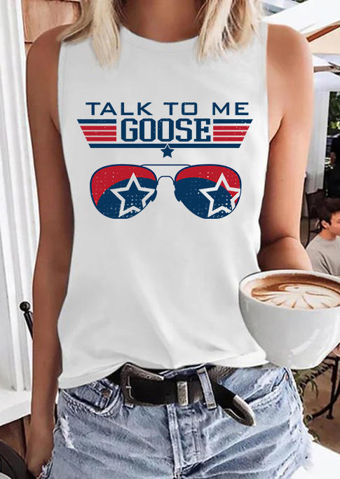

Tank Tops Talk To Me Goose American Flag Star Tank Top in White. Size