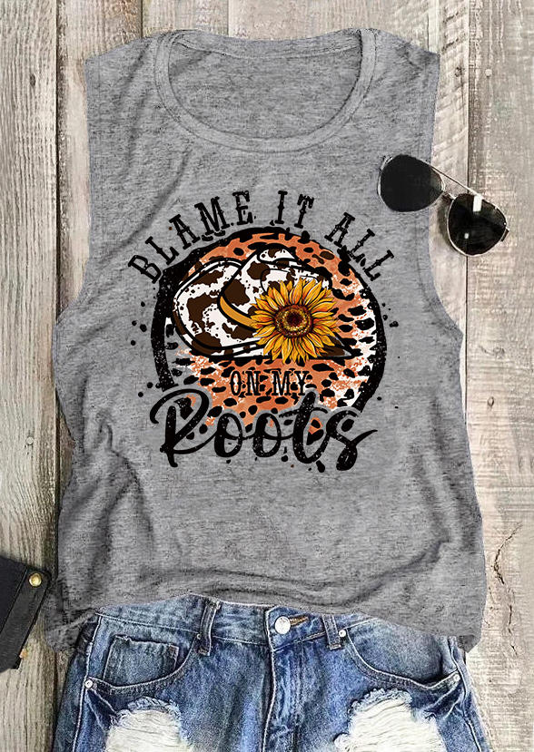 Tank Tops Blame It On My Roots Country Music Tank Top in Gray. Size: 3XL