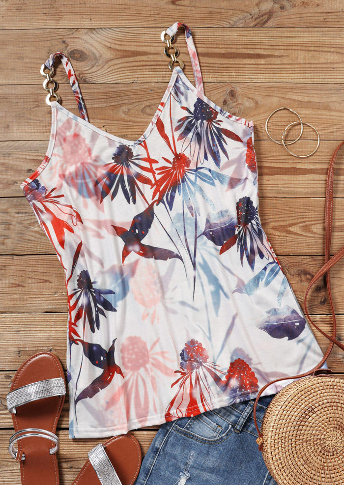 

Tank Tops Floral Metal Chain Strap Camisole in White. Size