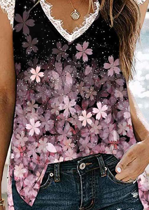 Blouses Lace Splicing Floral Cap Sleeve Blouse in Multicolor. Size: S,M,L,XL
