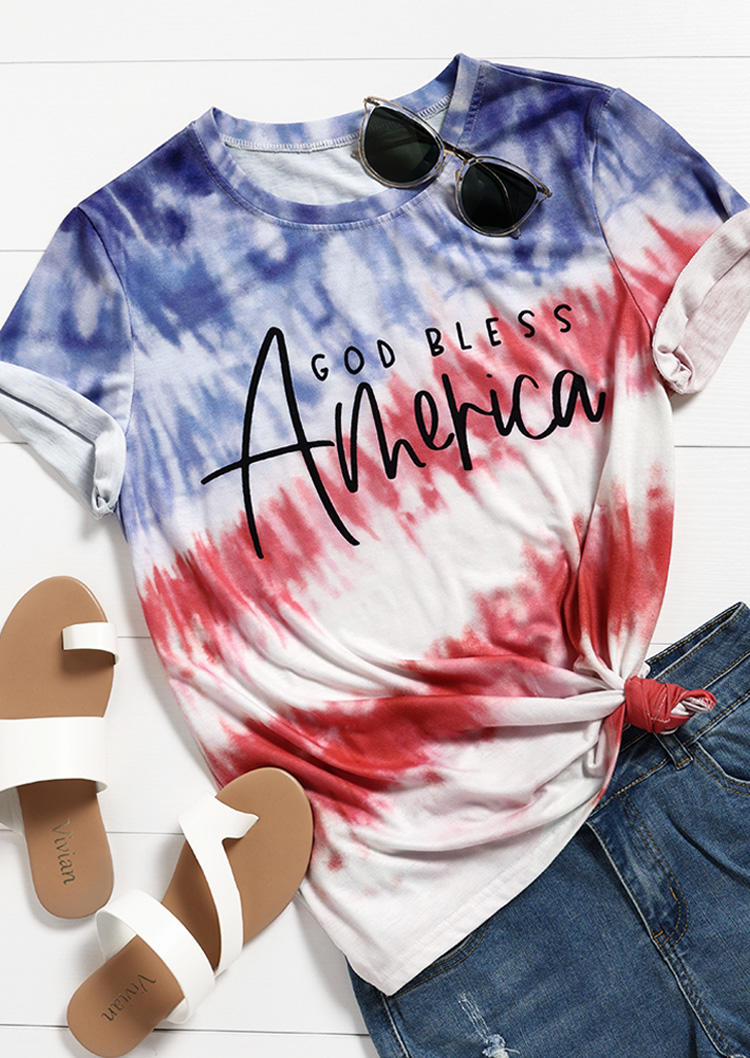 

T-shirts Tees Tie Dye God Bless America O-Neck T-Shirt Tee in Multicolor. Size
