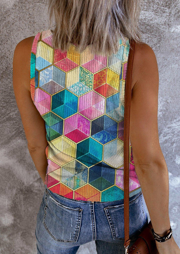Tank Tops Colorful Geometric Snap Button Tank Top in Multicolor. Size: S,M,L,XL