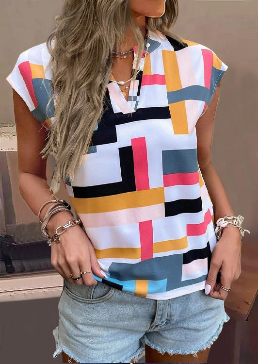 Blouses Colorful Geometric Short Sleeve Blouse in Multicolor. Size: M