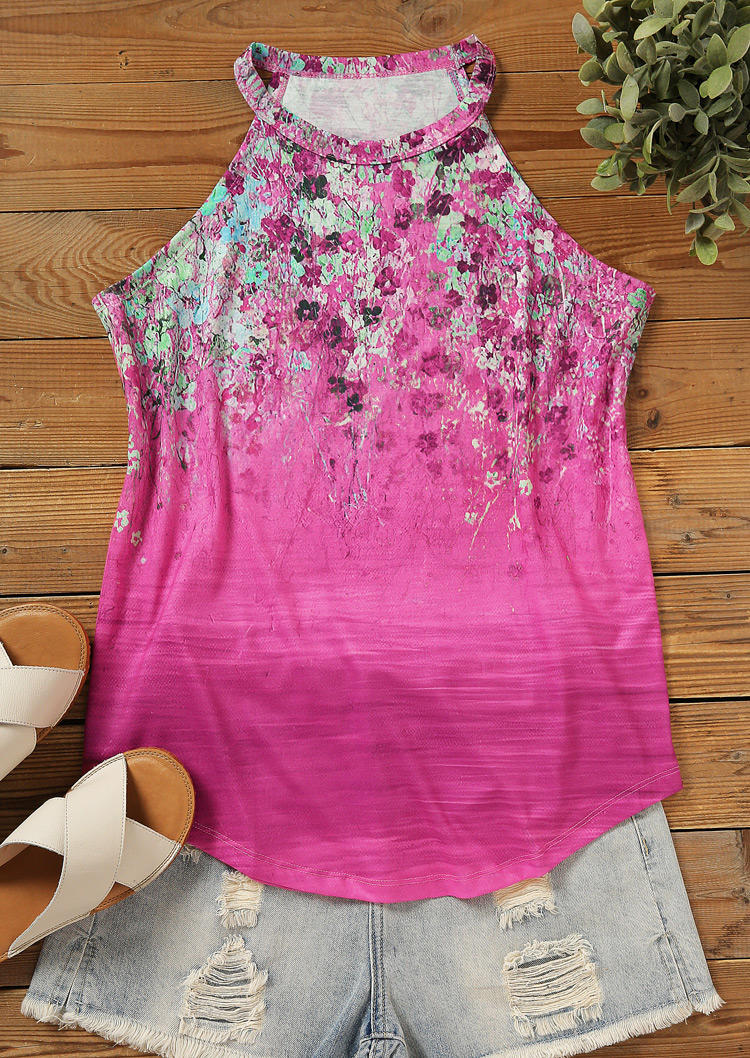 Floral O-Neck Casual Tank - Rose Red
