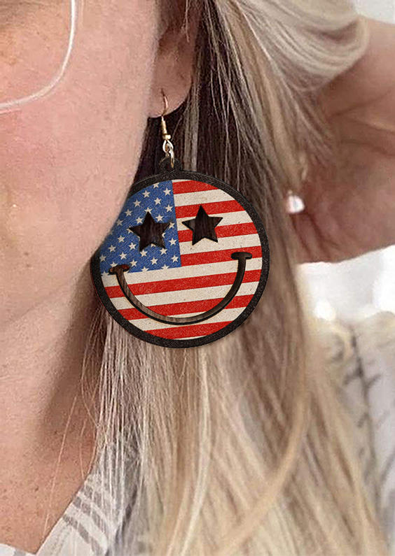 Earrings American Flag Hollow Out Smiley Wood Earrings in Multicolor. Size: One Size