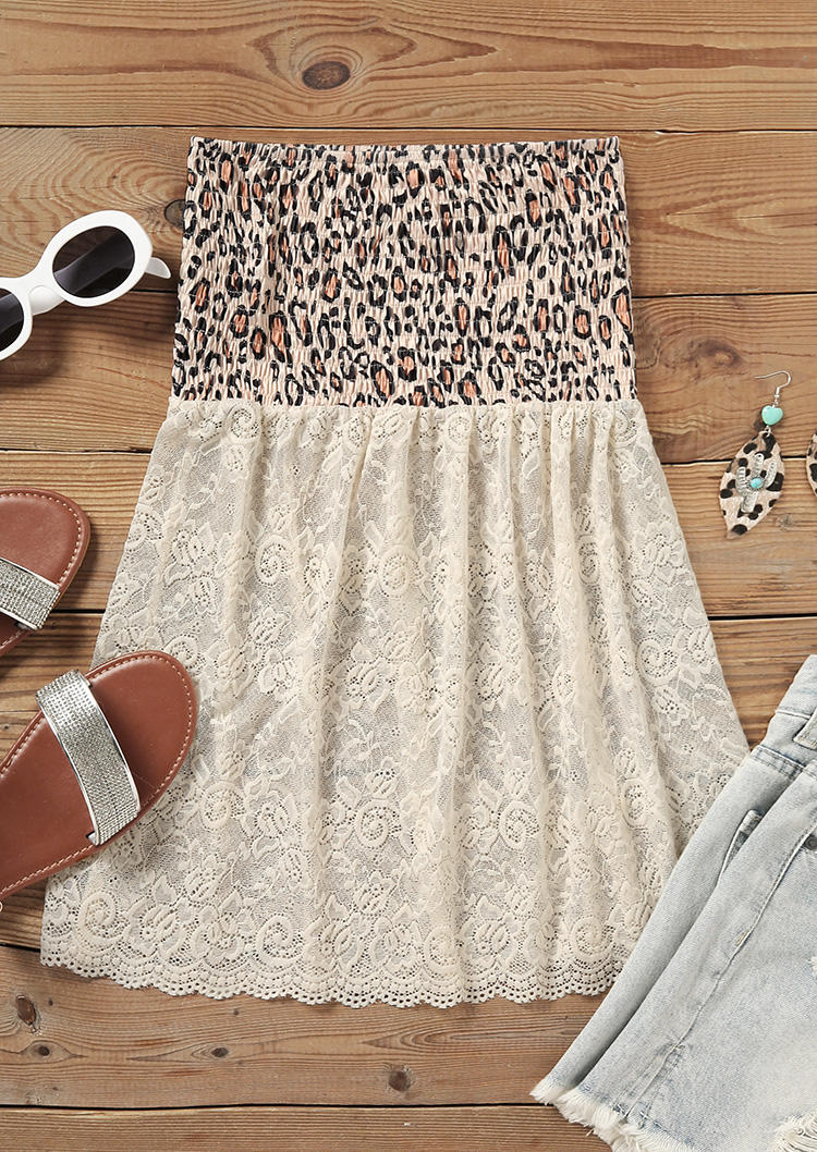 

Tank Tops Leopard Lace Splicing Smocked Strapless Bandeau Tank Top in Multicolor. Size