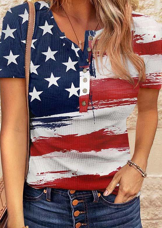 Blouses American Flag Star Button Short Sleeve Blouse in Multicolor. Size: S,M,L,XL