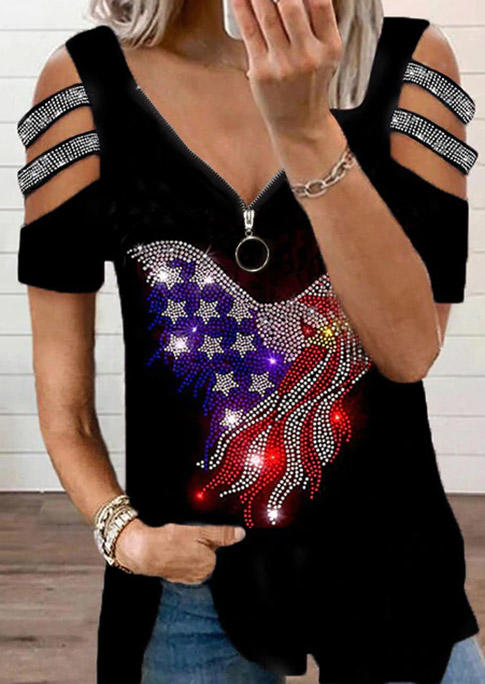 

Blouses American Flag Glitter Cold Shoulder Blouse in Black. Size