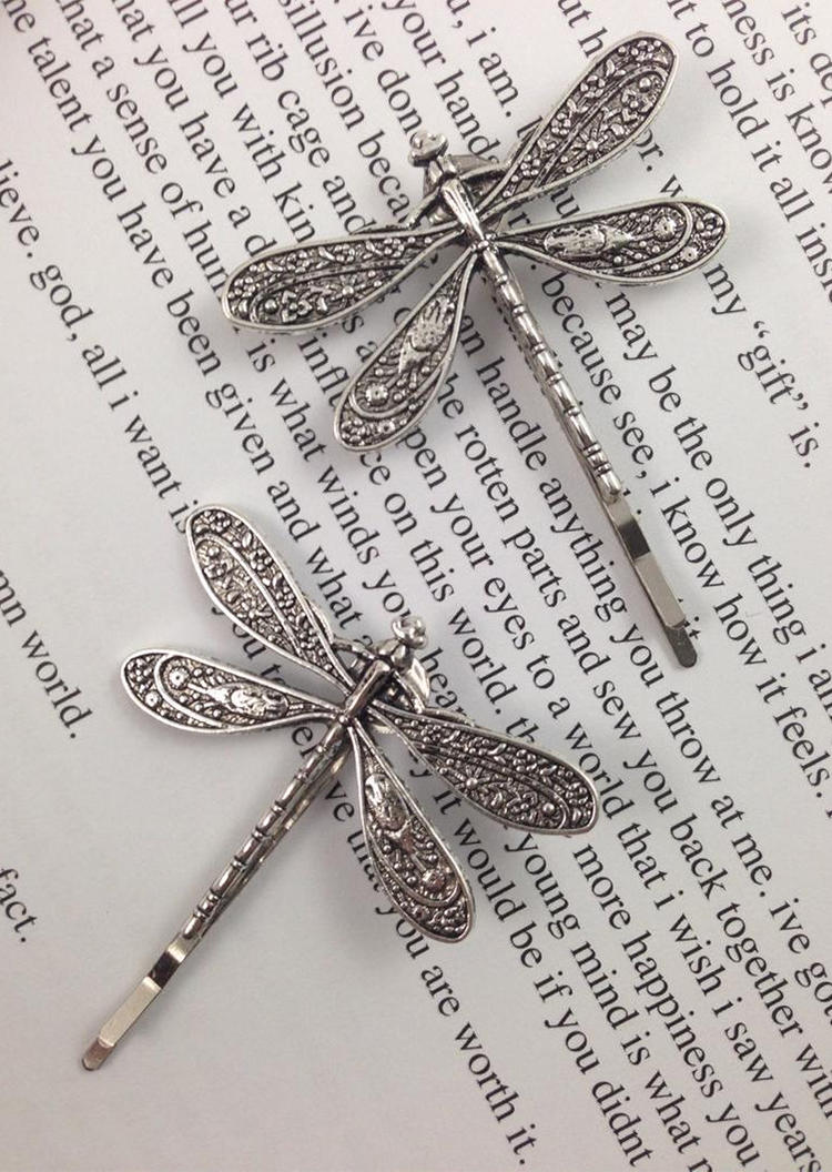 2Pcs Dragonfly Alloy Hairpin in Silver. Size: One Size