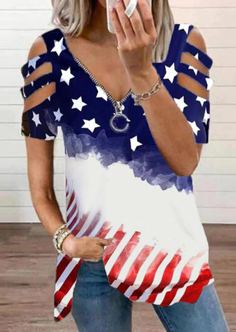 Blouses American Flag Hollow Out Zipper Collar Cold Shoulder Blouse in Multicolor. Size: M,S