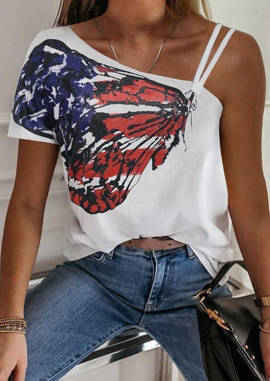 Blouses American Flag Butterfly One Sided Cold Shoulder Blouse in White. Size: S