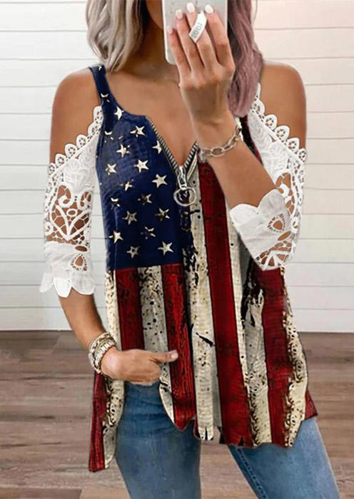 Blouses American Flag Lace Zipper Cold Shoulder Blouse in Multicolor. Size: S