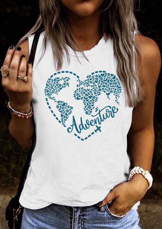 Tank Tops Adventure Floral Heart O-Neck Tank Top in White. Size: M,S