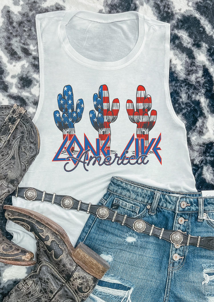 Tank Tops American Flag Cactus Long Live America Tank Top in White. Size: L,M,S