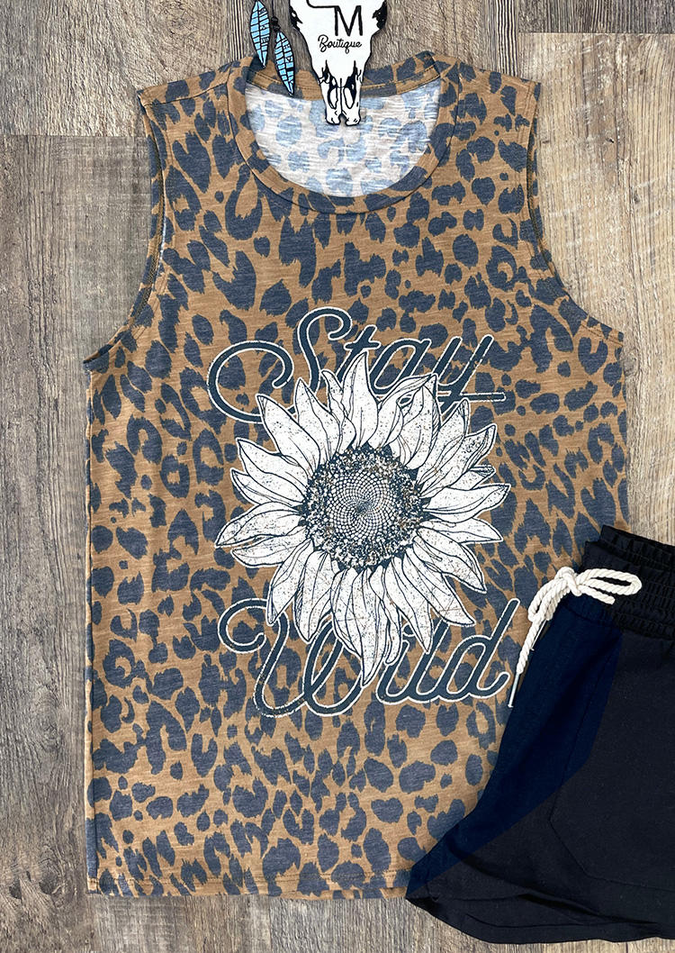 

Tank Tops Stay Wild Sunflower Leopard Casual Tank Top in Multicolor. Size
