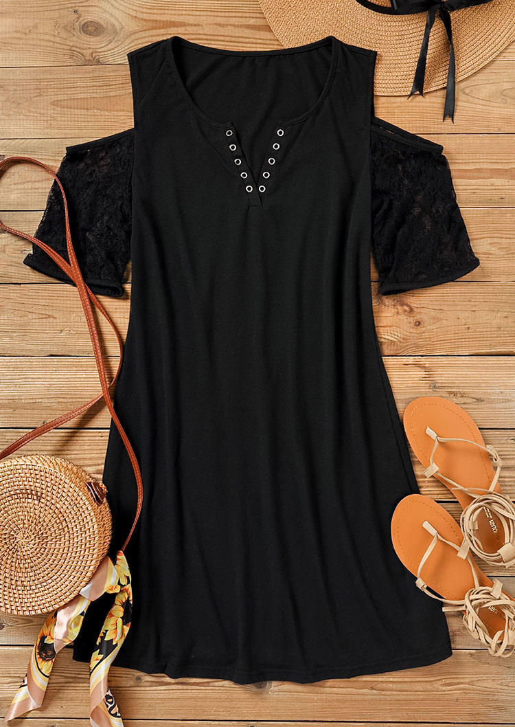 Lace Splicing Notched Neck Cold Shoulder Mini Dress - Black