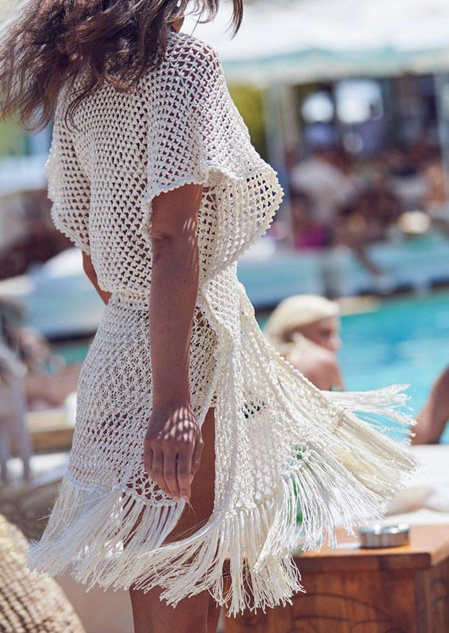 Cover Ups Hollow Out Tassel Drawstring Crochet Cover Up in White. Size: One Size