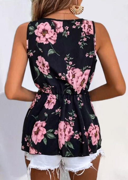 Tank Tops Floral Ruffled Wrap V-Neck Tank Top in Black. Size: M