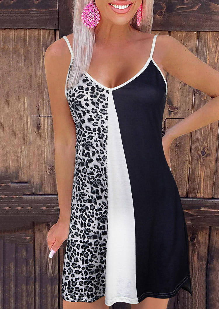 Mini Dresses Leopard Color Block Spaghetti Strap Mini Dress in Black. Size: M